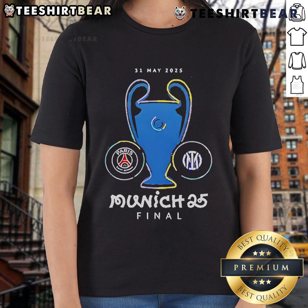 Official Paris Saint-Germain Munich Final 2025 Ladies Tee featuring logo and stylish design for fans.