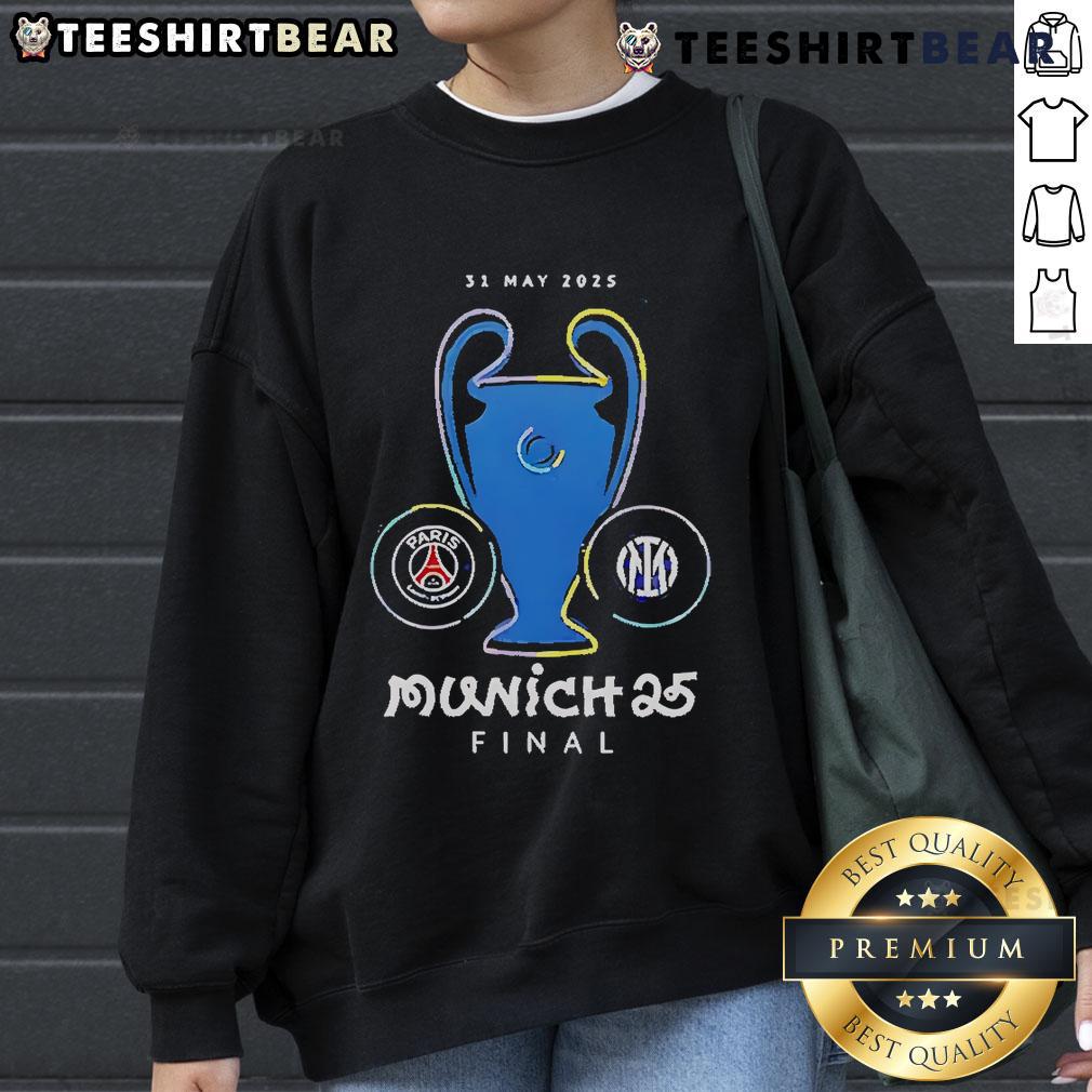 Alt Text: Official Paris Saint-Germain Munich Final 2025 sweatshirt featuring team logo and stylish design for fans.