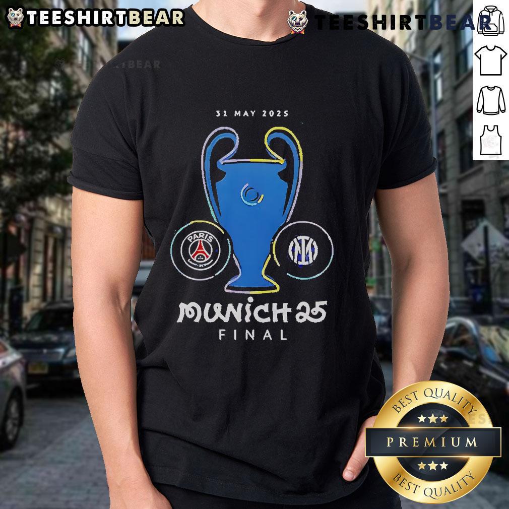 Official Paris Saint-Germain Munich Final 2025 T-Shirt featuring team logo and match details, perfect for fans.