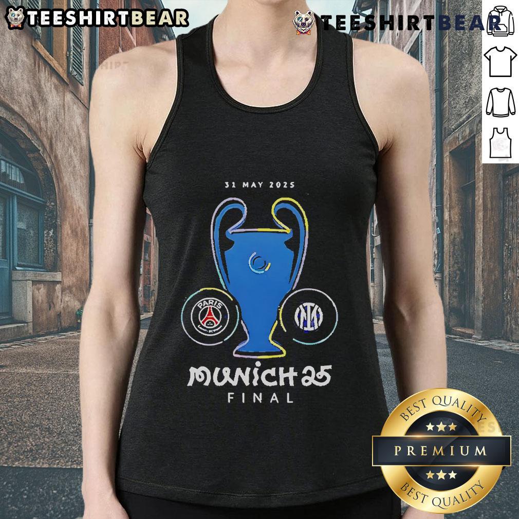Official Paris Saint-Germain Munich Final 2025 tank top featuring team logo and vibrant colors for fans and collectors.