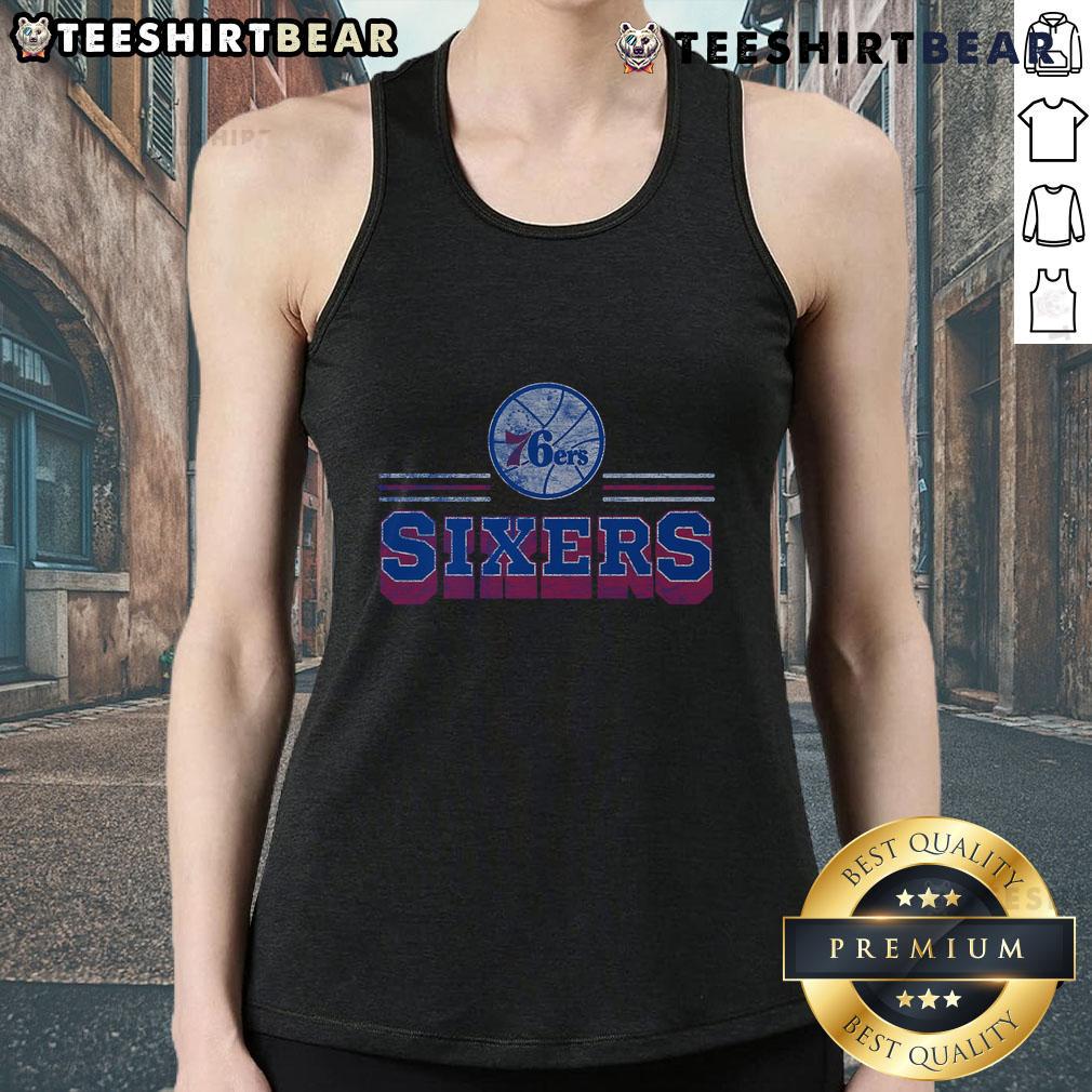 Official Philadelphia 76ers fan banner tank top featuring team colors and logo, perfect for game day attire.