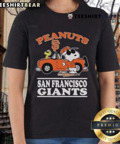 Official Snoopy and Woodstock Peanuts x San Francisco Giants Joe Cool ladies tee featuring vibrant graphics.