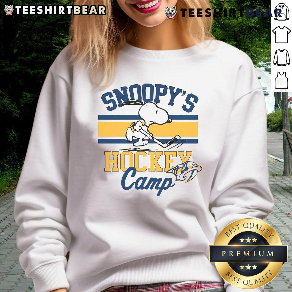 Official Snoopy Nashville Predators sweatshirt featuring Snoopy at hockey camp, perfect for NHL fans and collectors.