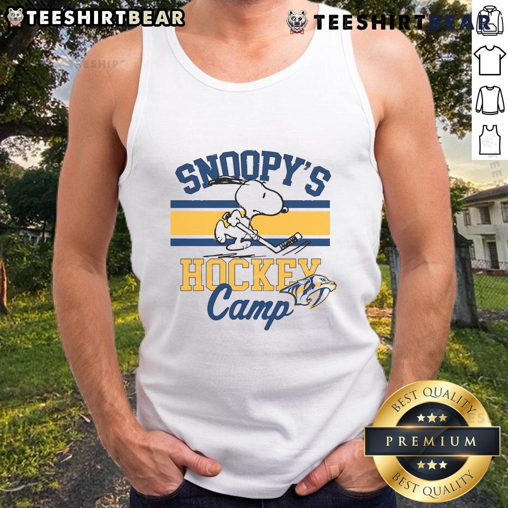 Alt Text: Official Snoopy Nashville Predators Hockey Camp tank top featuring Snoopy and NHL logos for all teams.