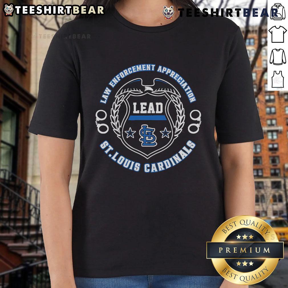 Official St. Louis Cardinals Law Enforcement Appreciation Day 2025 ladies tee featuring team logo and patriotic design.