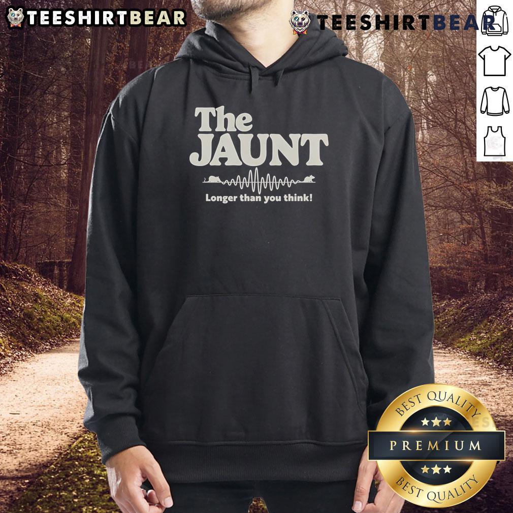 Official The Jaunt Longer Than You Think Hoodie in stylish black, perfect for casual wear and comfort.