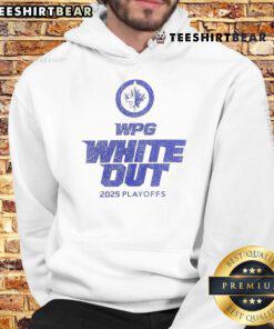 Alt Text: Official Winnipeg Jets 2025 Playoffs WPG White Out Hoodie displayed on a hanger, showcasing team colors and logo.