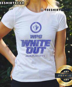 Official Winnipeg Jets 2025 Playoffs WPG White Out ladies tee featuring team logo and stylish design for fans.