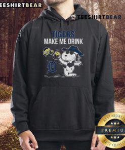 Premium Snoopy and Woodstock Detroit Tigers hoodie featuring a fun 'Make Me Drink' design for fans.