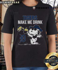 Premium Snoopy and Woodstock Detroit Tigers Make Me Drink Ladies Tee featuring playful graphics and vibrant colors.