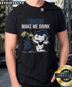 Alt Text: Premium Snoopy and Woodstock Detroit Tigers T-shirt featuring a fun 'Make Me Drink' graphic design.