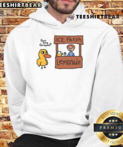 Child wearing a 'Pretty Got Any Grapes Duck Song' hoodie at a lemonade stand, enjoying a sunny day.