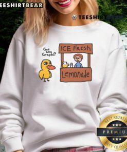 Cute sweatshirt featuring 'Pretty, Got Any Grapes Duck Song' design at a vibrant lemonade stand.