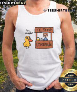 Girl wearing a 'Pretty Got Any Grapes Duck Song' tank top at a lemonade stand, enjoying a sunny day.