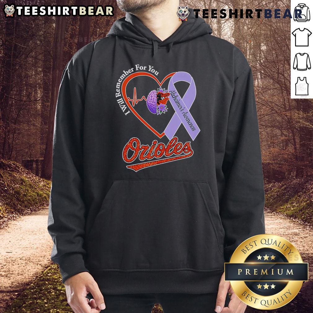 Pretty I Will Remember For You Alzheimer's Awareness Baltimore Orioles hoodie, showcasing team spirit and support for Alzheimer's.