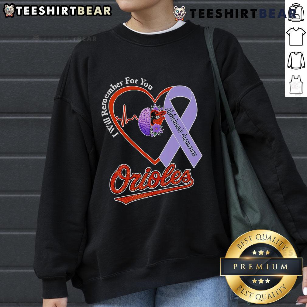 Pretty I Will Remember For You Alzheimer's Awareness sweatshirt featuring Baltimore Orioles logo and design.