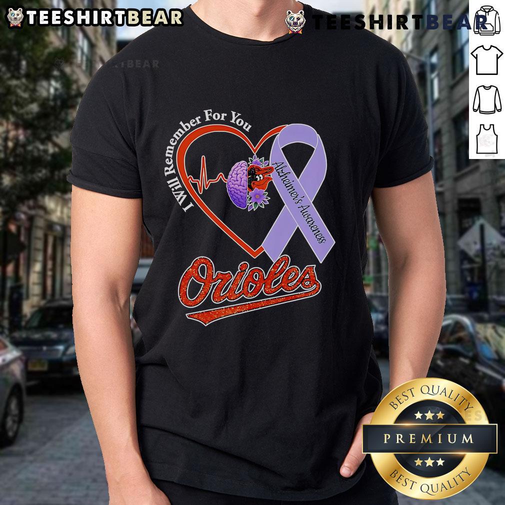 Pretty I Will Remember For You Alzheimers Awareness Baltimore Orioles T-Shirt featuring a vibrant design and supportive message.