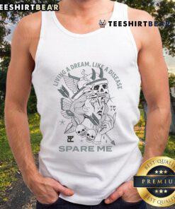 Model wearing 'Pretty The Plot In You Living A Dream Like A Disease Spare Me' tank top, showcasing trendy graphic design.
