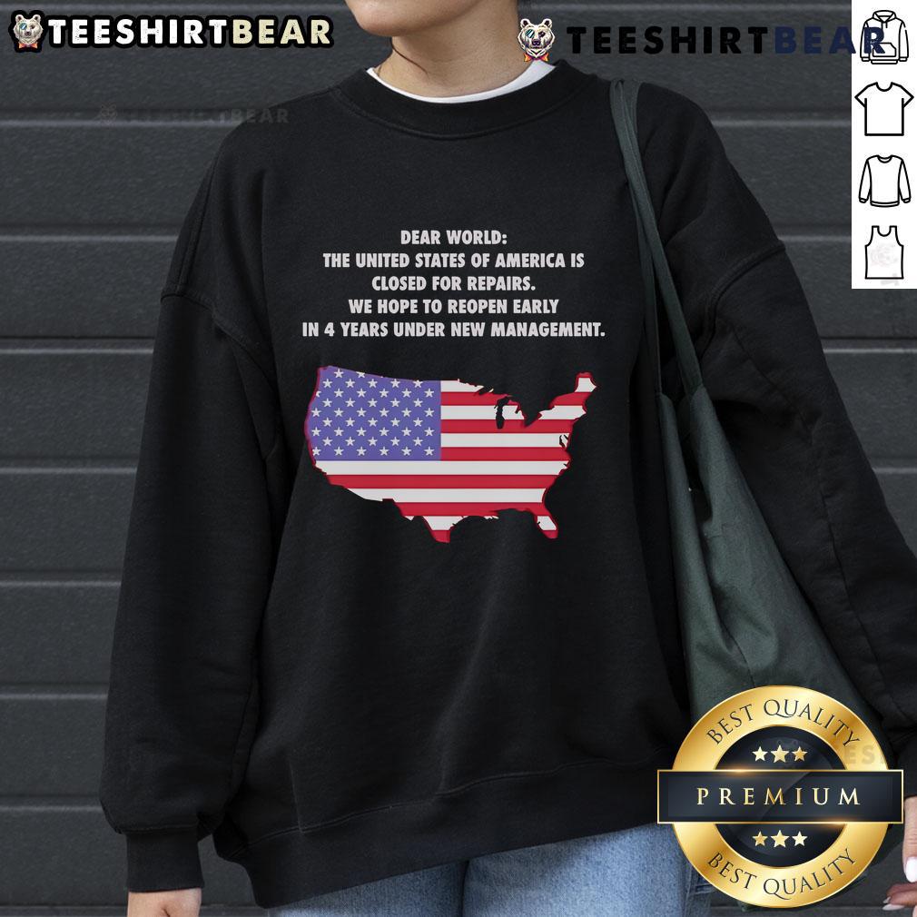 Cozy sweatshirt featuring 'The United States of America is closed for repairs' graphic, perfect for casual wear.