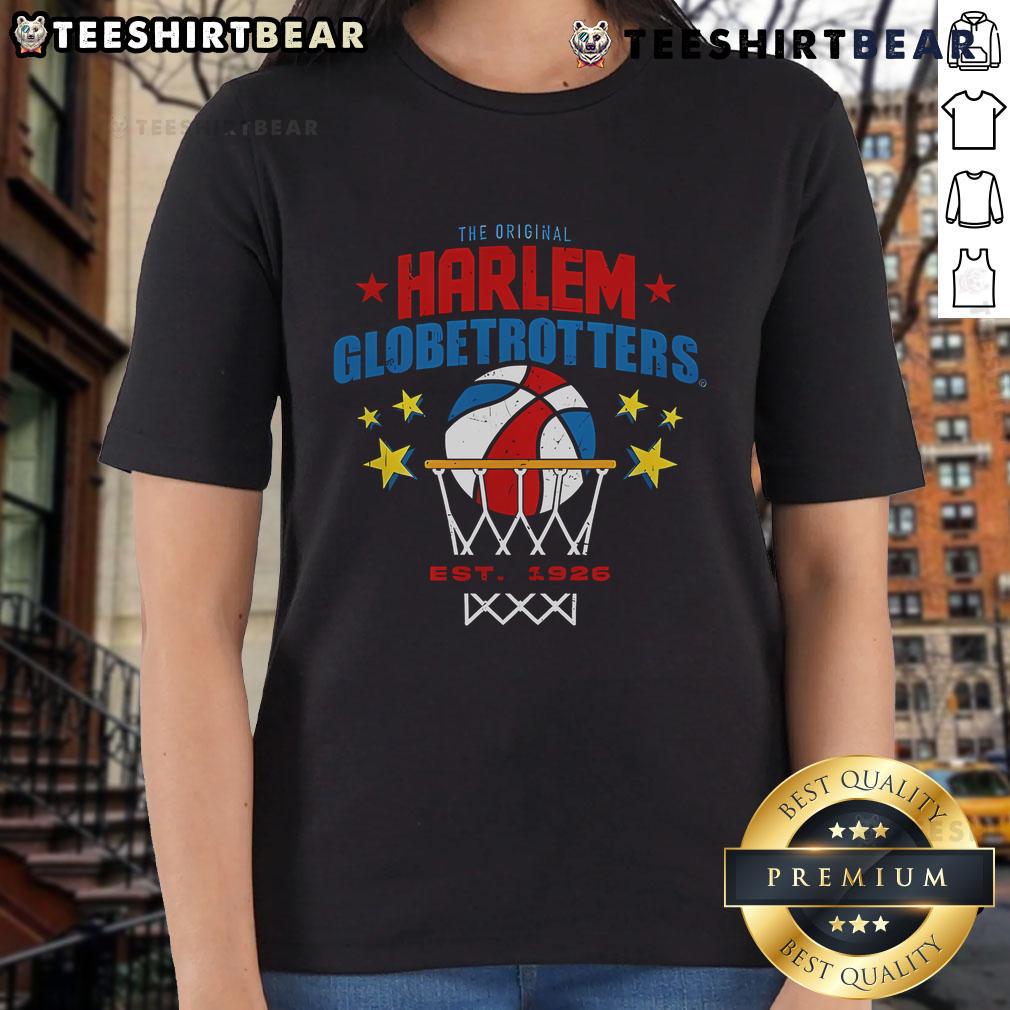 Alt Text: Top Harlem Globetrotters 'Nothing But Net' Est 1926 ladies tee featuring vibrant graphics and comfortable fit.