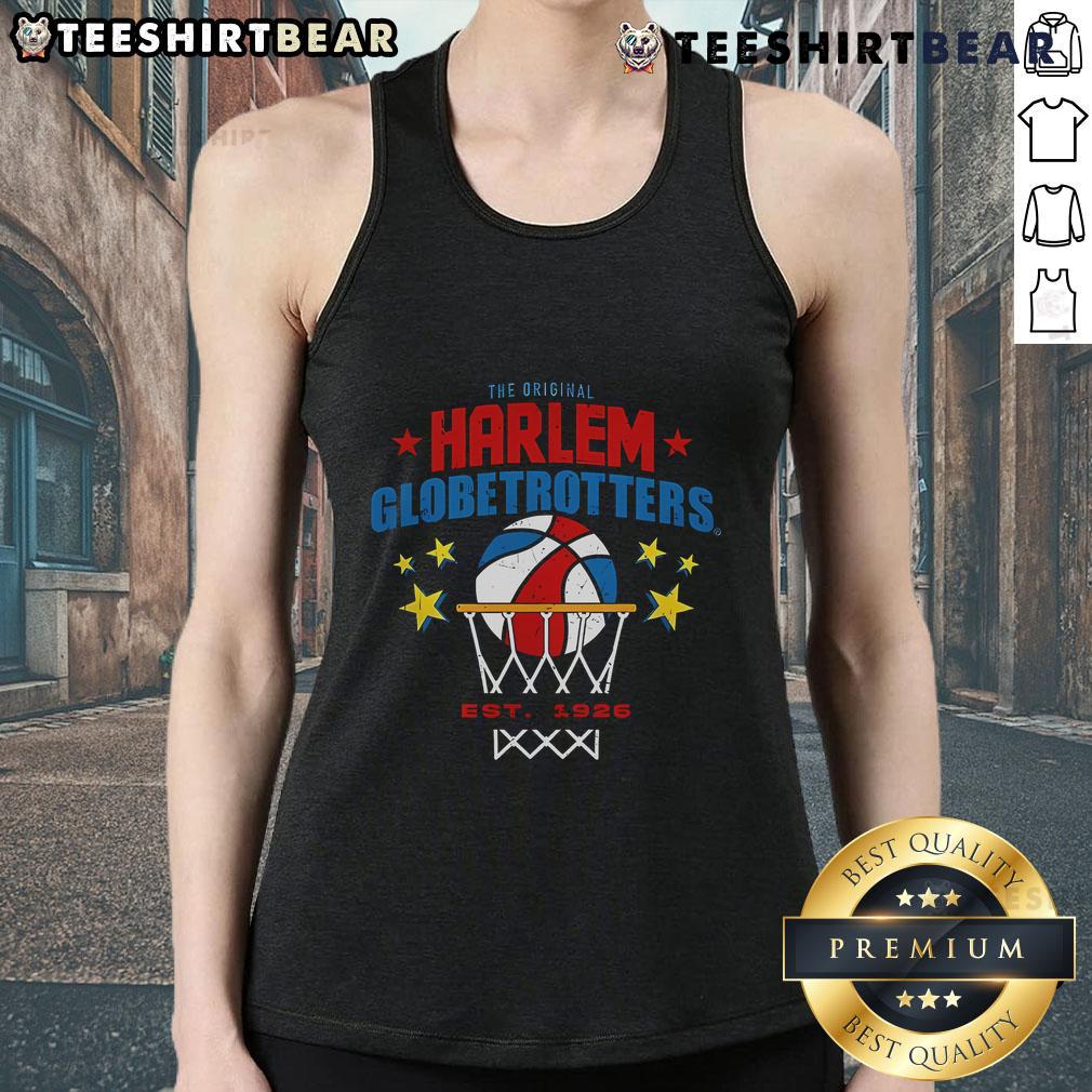 Harlem Globetrotters Nothing But Net tank top, established 1926, showcasing vibrant design and sports heritage.