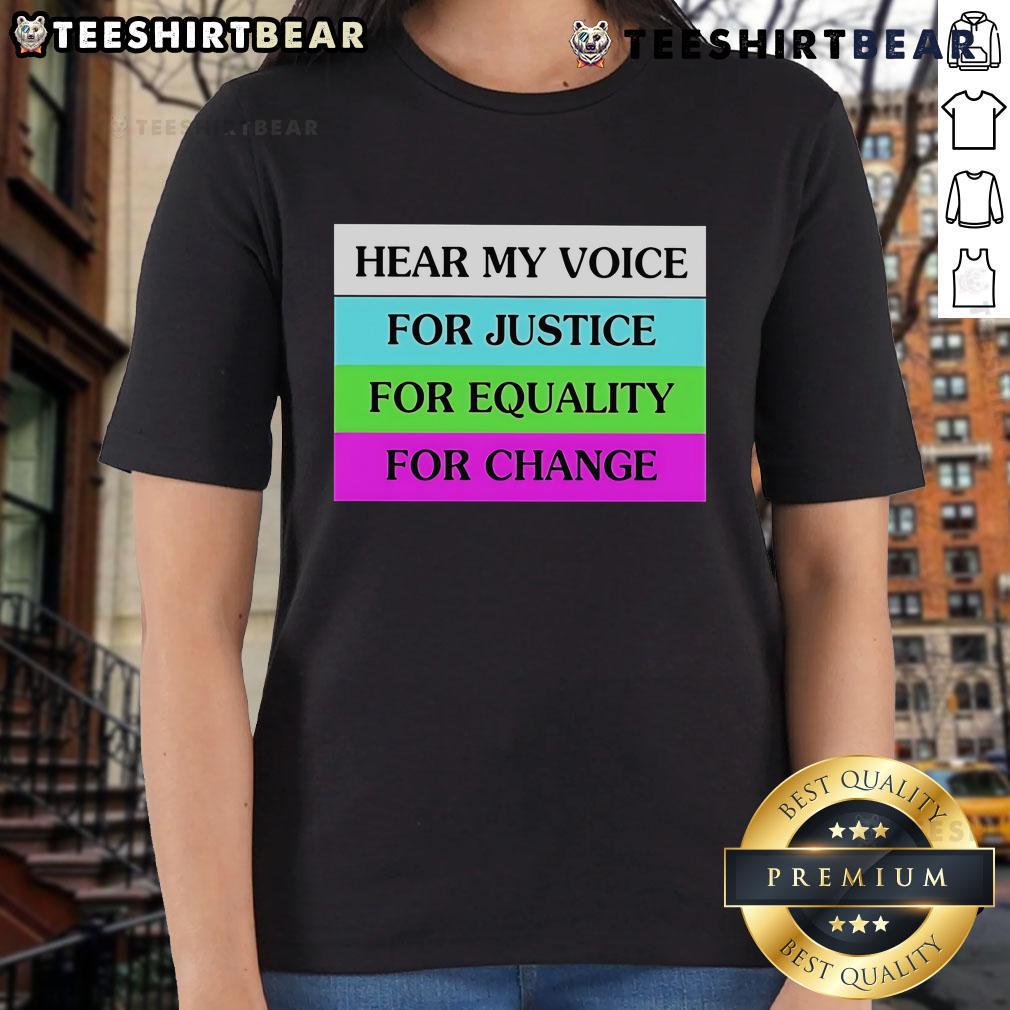 Top Hear My Voice for Justice T-shirt for women, promoting equality and change in a stylish design.
