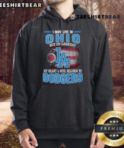 Alt Text: Cozy hoodie featuring 'I may live in Ohio, but on game day, my heart belongs to Dodgers' design
