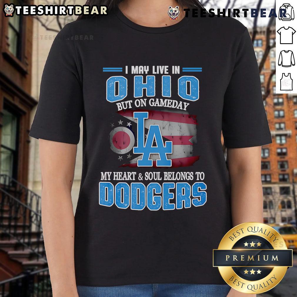 Stylish Dodgers ladies tee featuring 'I May Live in Ohio, But My Heart Belongs to Dodgers' for game day fans.