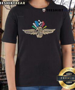 Top Indianapolis Motor Speedway wing wheel flag logo on a stylish ladies tee, perfect for racing fans and fashion.