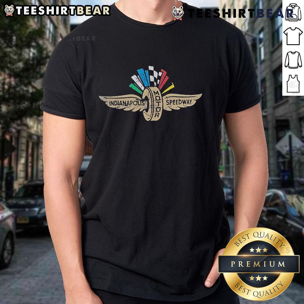 Top Indianapolis Motor Speedway Wing Wheel Flag Logo T-Shirt featuring iconic racing design for fans.
