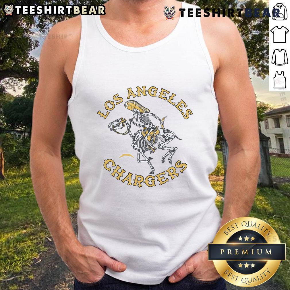 Alt Text: Top Los Angeles Chargers Dia De Los Muertos tank top featuring vibrant colors and festive designs for NFL fans.