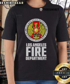 Los Angeles Dodgers 2025 ladies tee supporting victims of LA wildfires, featuring team logo and fire relief message.