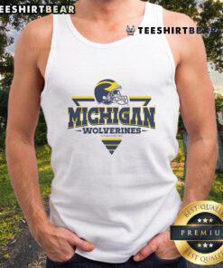 Top Michigan Wolverines football triangle helmet tank top design featuring team colors and logo for sports fans.