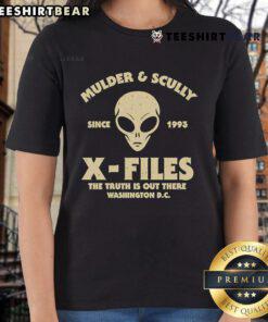 Top Mulder and Scully X-Files 'The Truth Is Out There' Ladies Tee featuring iconic characters and stylish design.