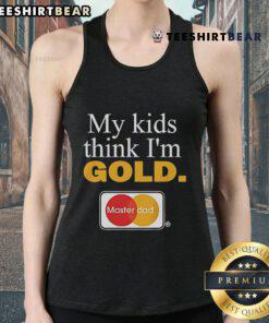 Alt Text: Dad wearing a 'Top My Kids Think I'm Gold Master' tank top, showcasing fun family humor and parenting pride.
