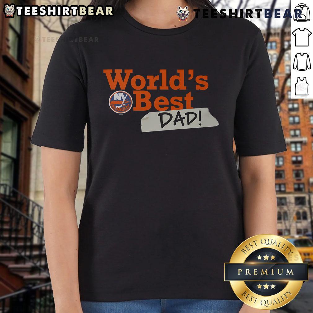 Top New York Islanders World's Best Dad ladies tee featuring team colors and logo, perfect gift for hockey fans.