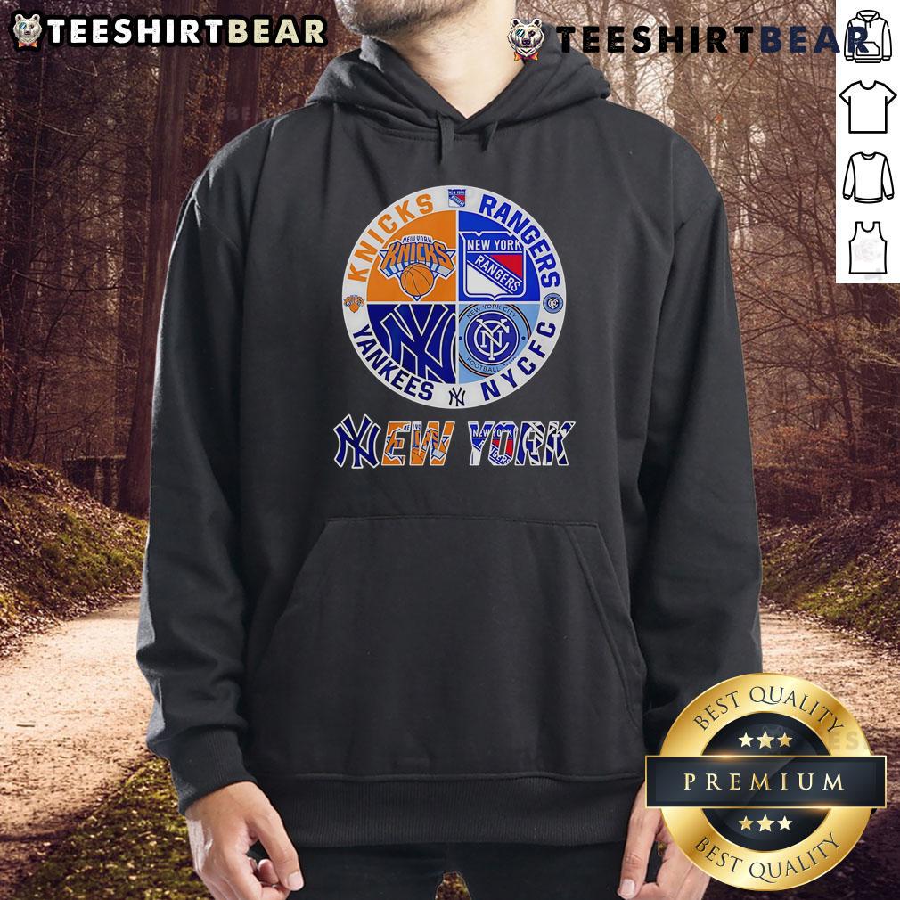 Top New York Yankees, Knicks, Rangers, NYCFC sports circle logo hoodie featuring iconic team logos and vibrant design.