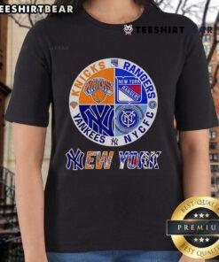 Top New York Yankees, Knicks, Rangers, NYCFC sports circle logo on ladies tee, perfect for NYC sports fans.