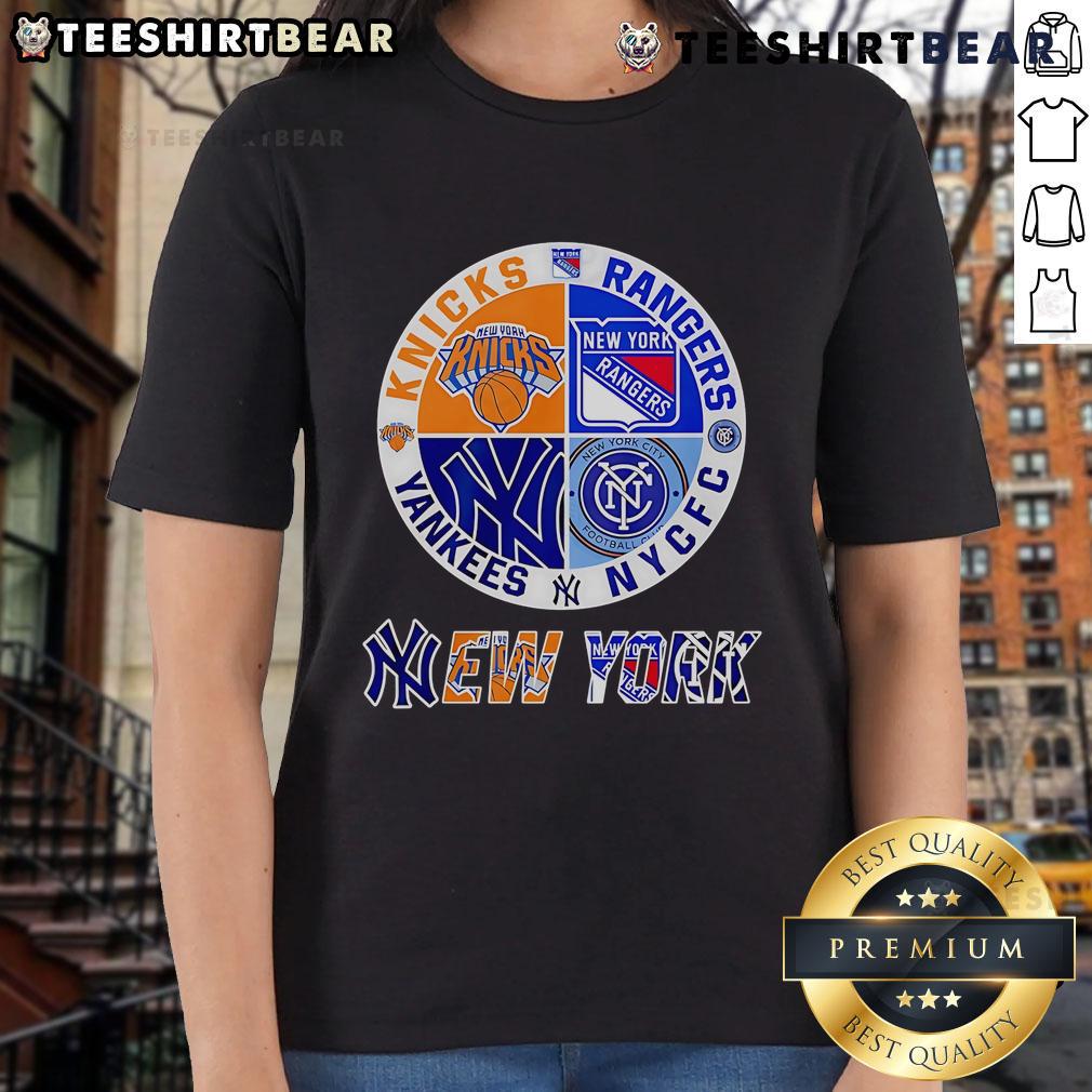 Top New York Yankees, Knicks, Rangers, NYCFC sports circle logo on ladies tee, perfect for NYC sports fans.