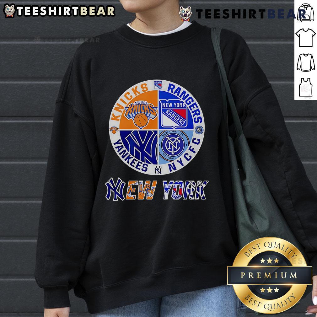 Alt Text: Top New York Yankees, Knicks, Rangers, and NYCFC logo sweatshirt featuring a stylish sports circle design.
