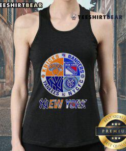 Top New York Yankees, Knicks, Rangers, NYCFC sports circle logo tank top design for fans of NYC teams.