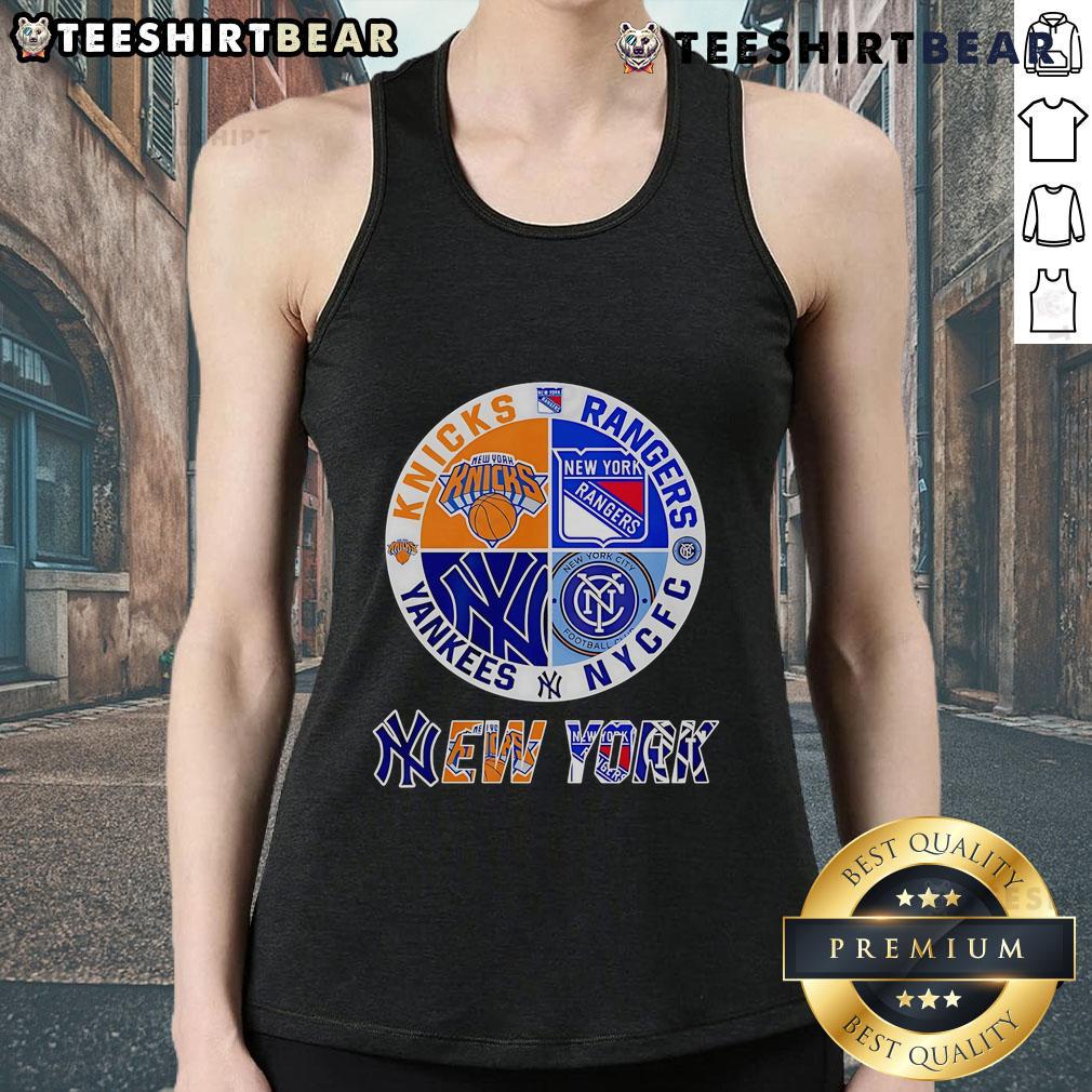 Top New York Yankees, Knicks, Rangers, NYCFC sports circle logo tank top design for fans of NYC teams.