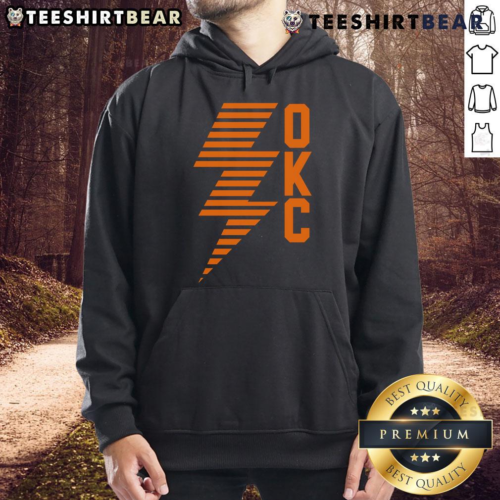 Alt Text: Stylish OKC Lightning Bolt Thunder basketball hoodie featuring bold graphics and a comfortable fit for fans.