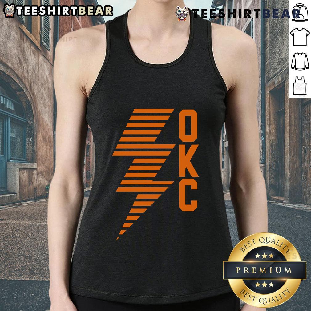 Top OKC Lightning Bolt Thunder Basketball Tank Top featuring a bold design and vibrant colors, perfect for fans.