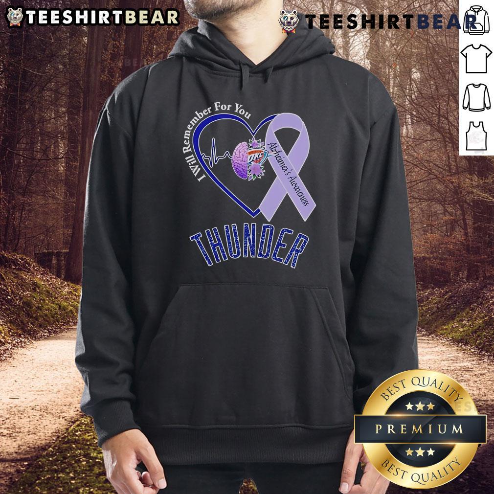 OKC Thunder hoodie with 'I Will Remember For You' Alzheimer's awareness ribbon, promoting support for Alzheimer's awareness.
