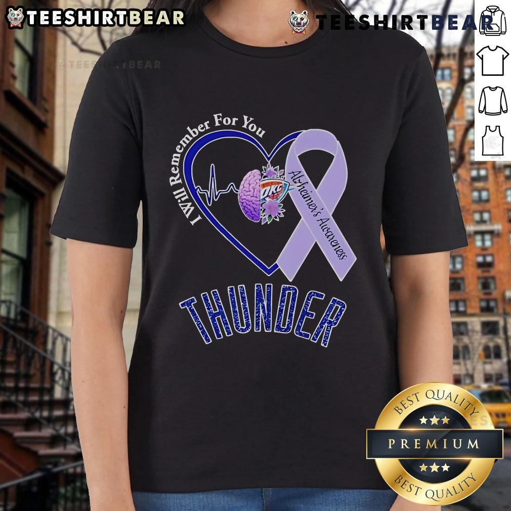 Top OKC Thunder I Will Remember For You Alzheimer's Awareness Ribbon Ladies Tee featuring a vibrant design.