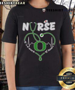 Alt Text: Top Oregon Ducks Nurse It's a Work of Heart Ladies Tee featuring a stylish design for fans and healthcare workers.