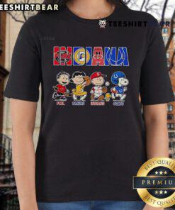 Alt Text: Top Peanuts characters on a ladies tee celebrating Indiana sports: Pacers, Indians, and Colts.