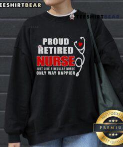 Top Proud Retired Nurse sweatshirt design, showcasing a joyful nurse in vibrant colors, perfect for celebrating retirement.