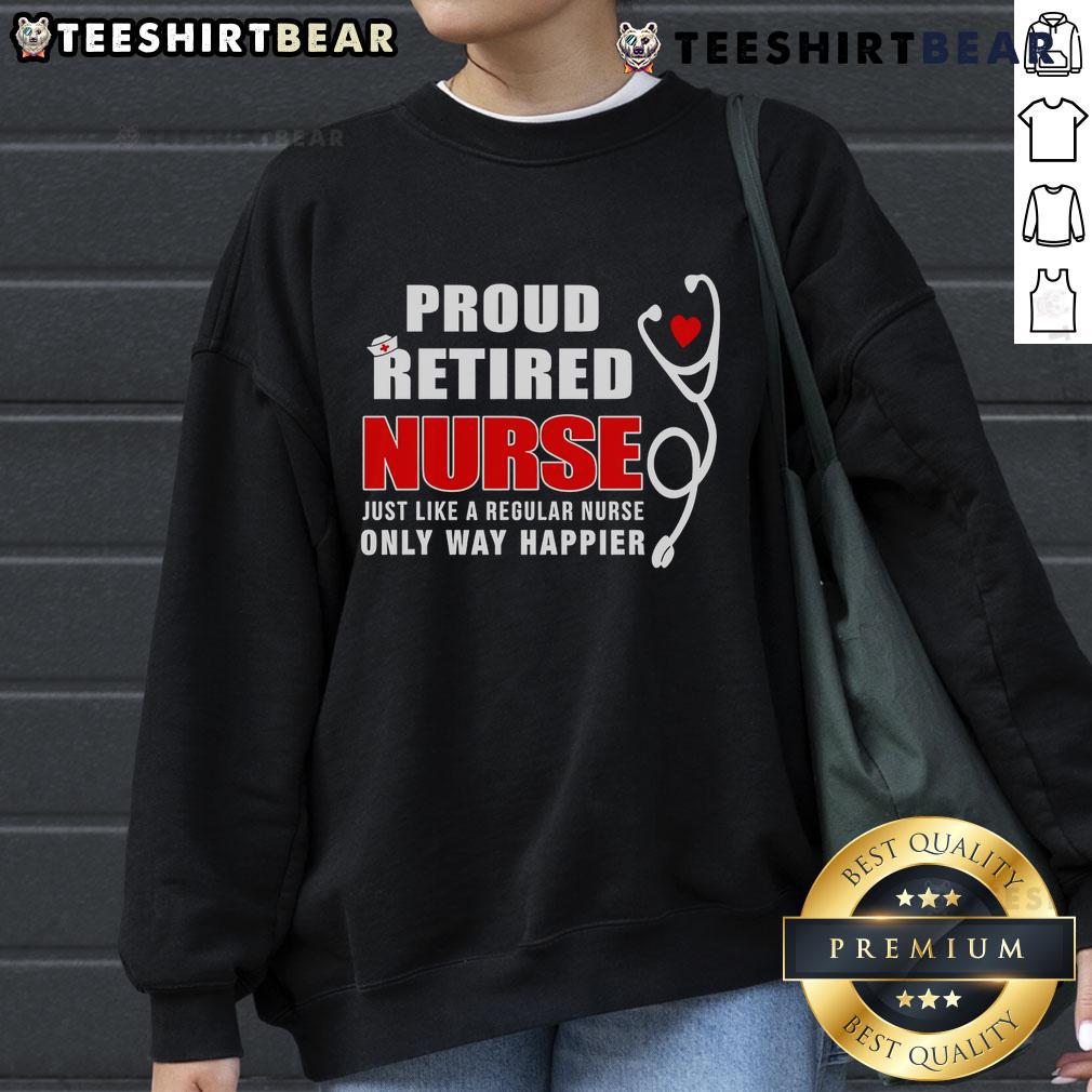 Top Proud Retired Nurse sweatshirt design, showcasing a joyful nurse in vibrant colors, perfect for celebrating retirement.